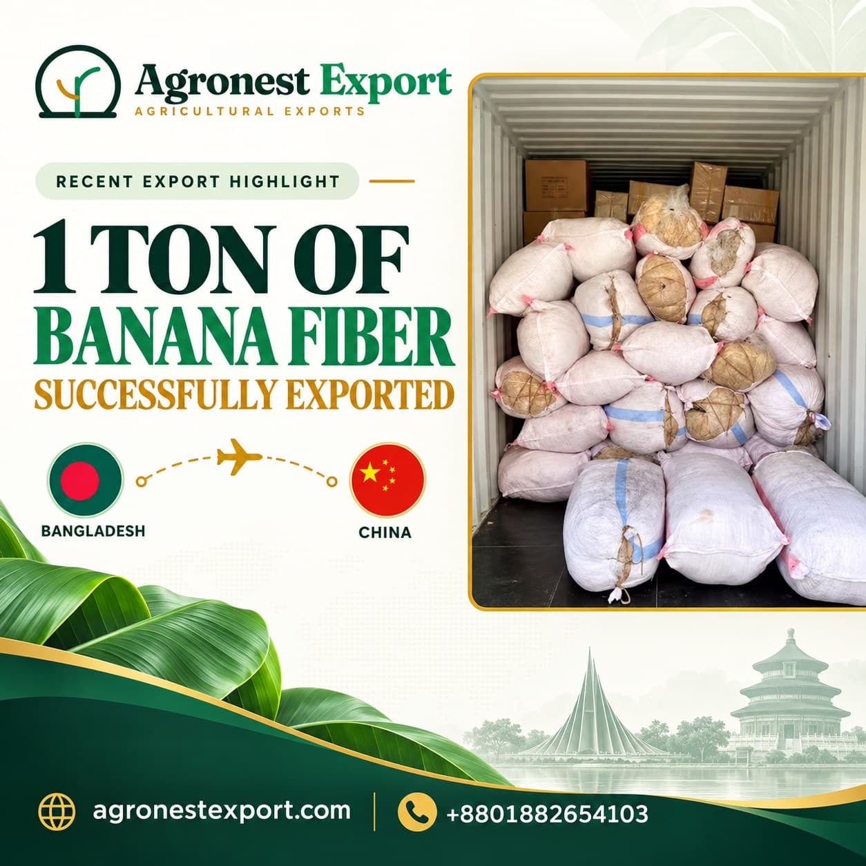 Agronest Export recent shipment: one ton of banana fiber bales loaded in a container from Bangladesh to a spinning mill in China
